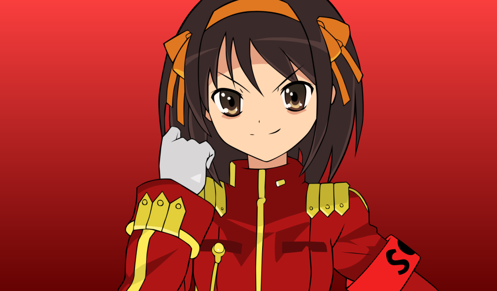 Харухи Судзумия на красном фоне