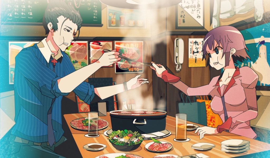 Парень и девушка за столом в аниме Monogatari Series