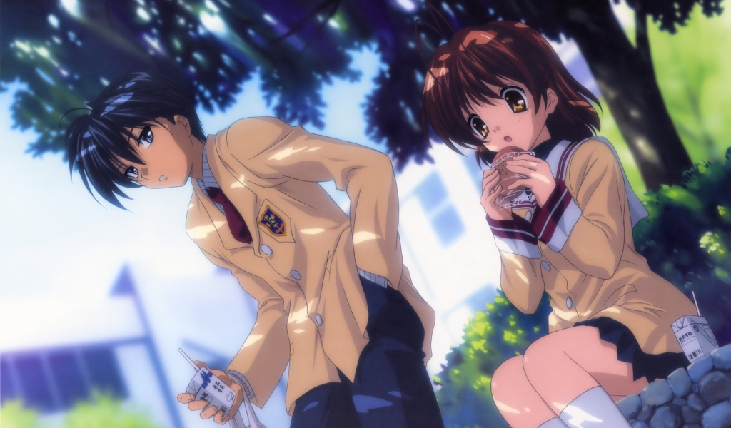 Парень и девушка под деревом в аниме Кланнад