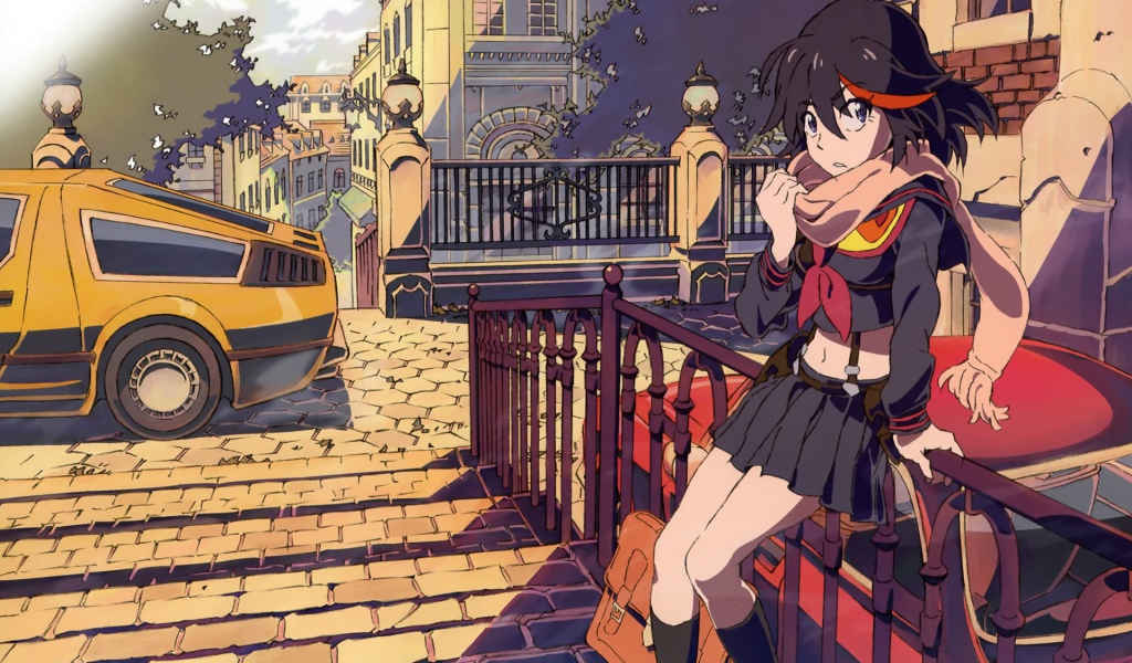 Девушка Матои сидит на заборе, аниме