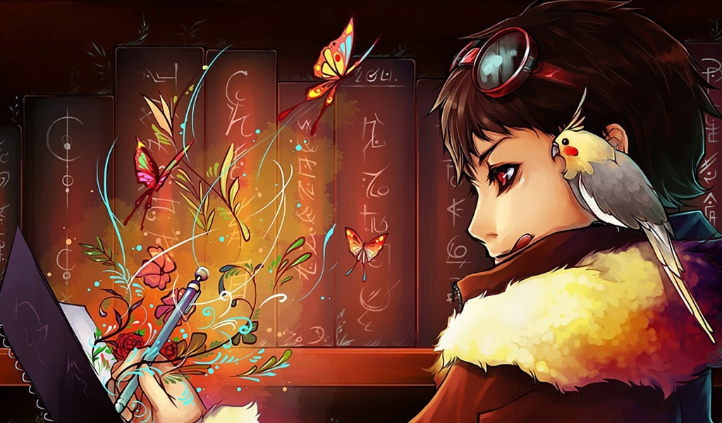 Попугай на плече аниме девушки