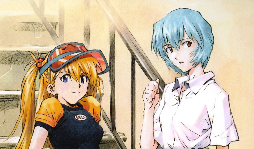 Рыжая девушка и парень из аниме Neon Genesis Evangelion