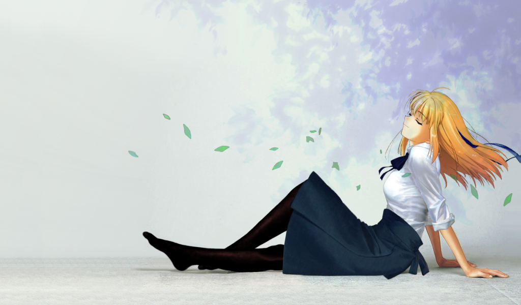 Рыжая девушка села на пол отдохнуть, аниме Ночь прибытия