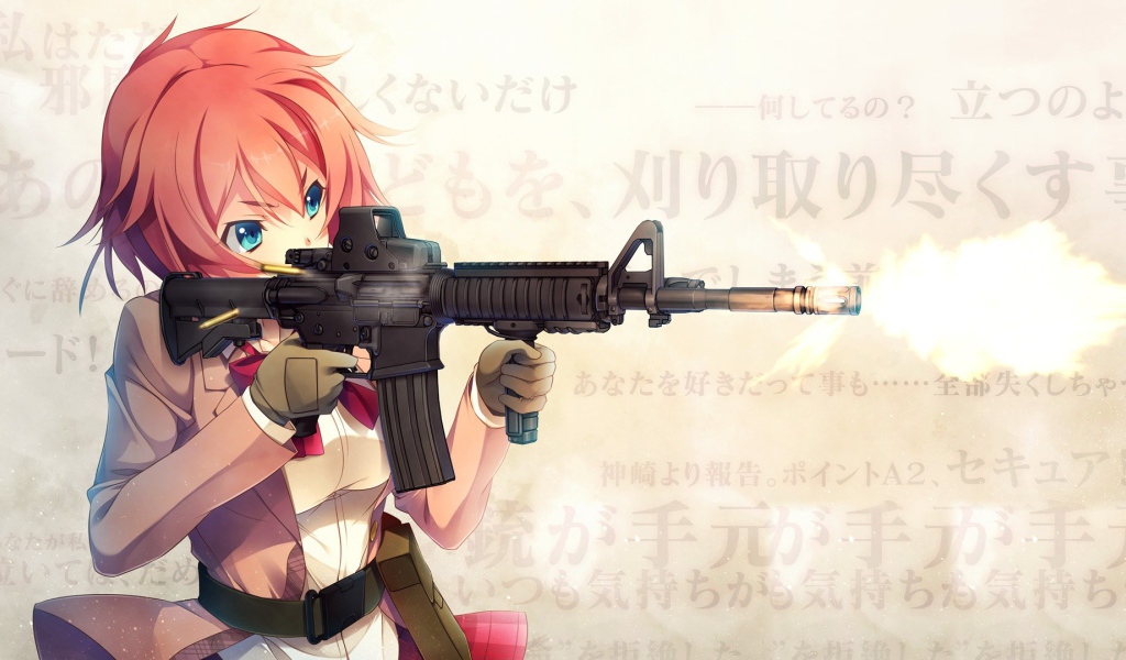 Рыжая девушка аниме с автоматической винтовкой