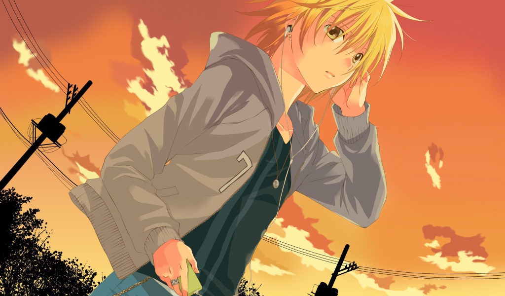 Рыжая девушка аниме на фоне неба