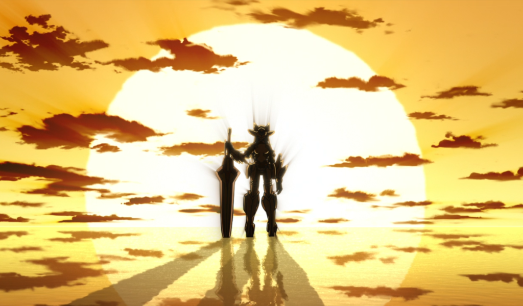 Робот на фоне заката в аниме Бесконечные небеса