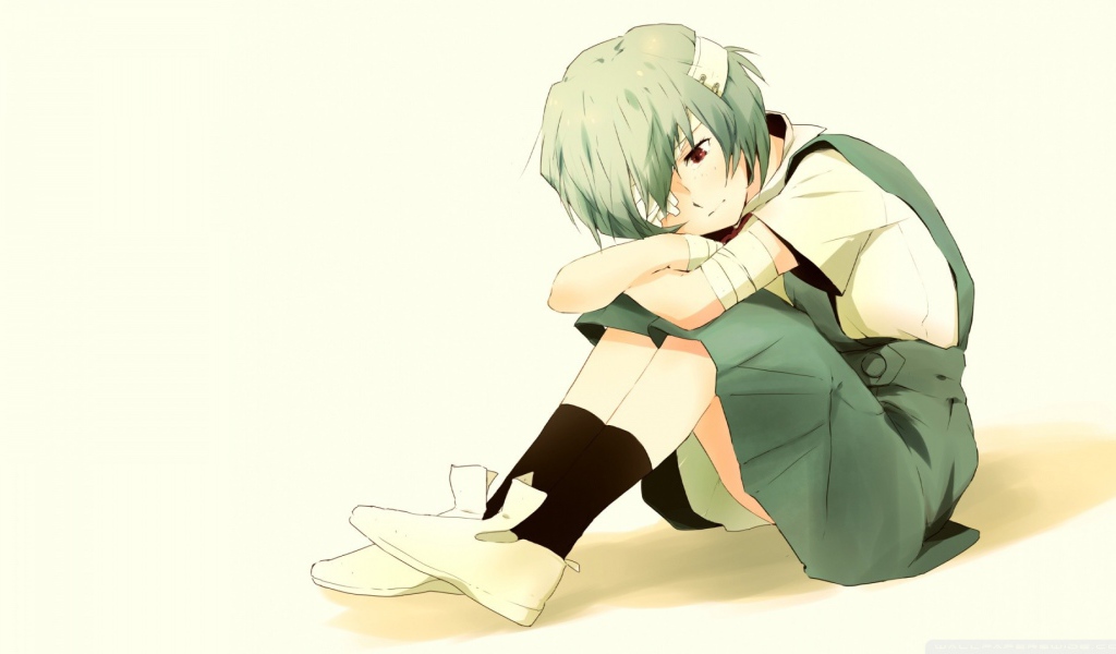 Грустная Анаями из аниме сидит на полу