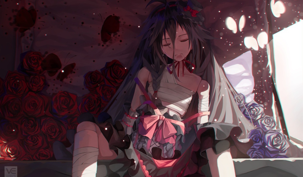 Грустный вокалоид среди роз