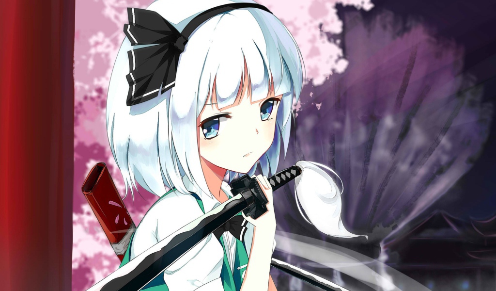 Грустная аниме девушка Konpaku Youmu с мечом на плече