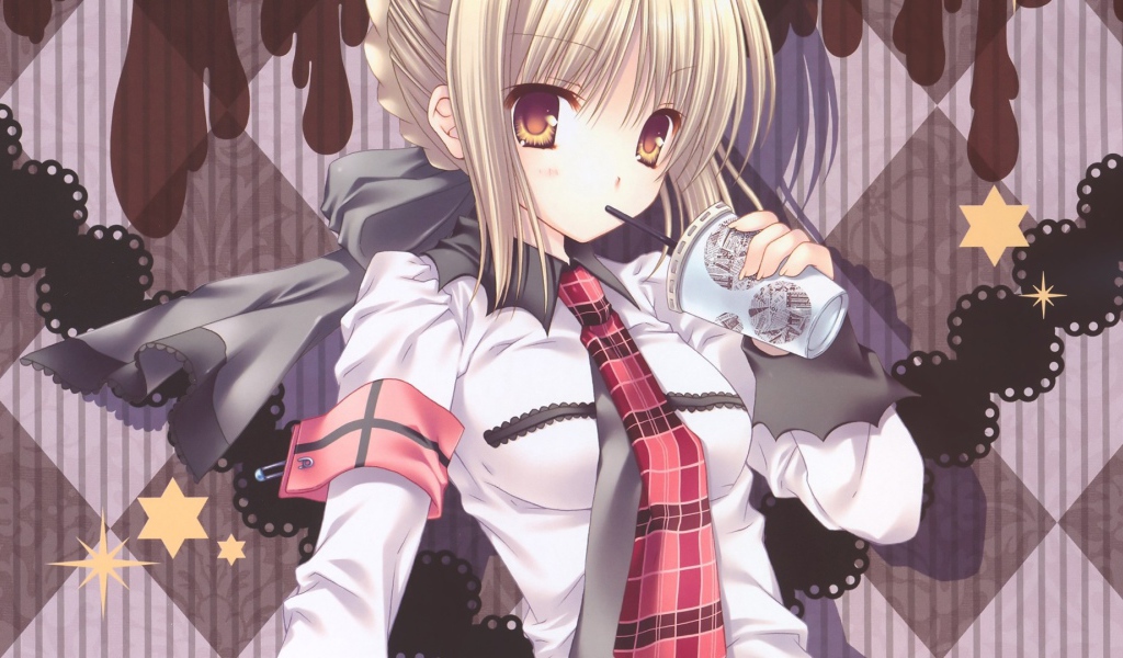 Девушка пьет напиток через соломинку, аниме Ночь прибытия