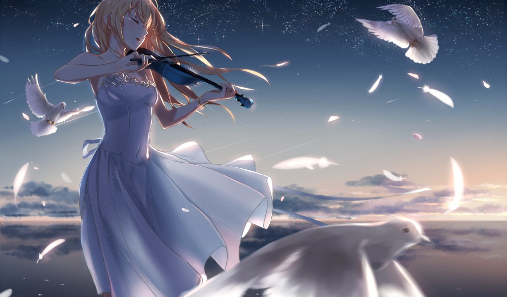 Девушка играет на скрипке среди голубей, аниме