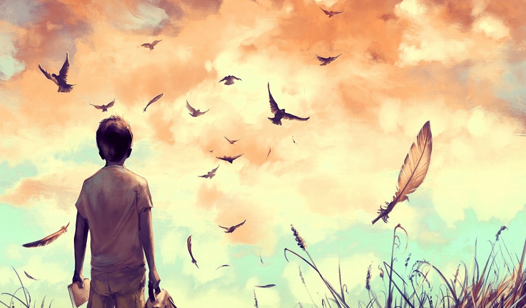 Мальчик смотрит на птиц