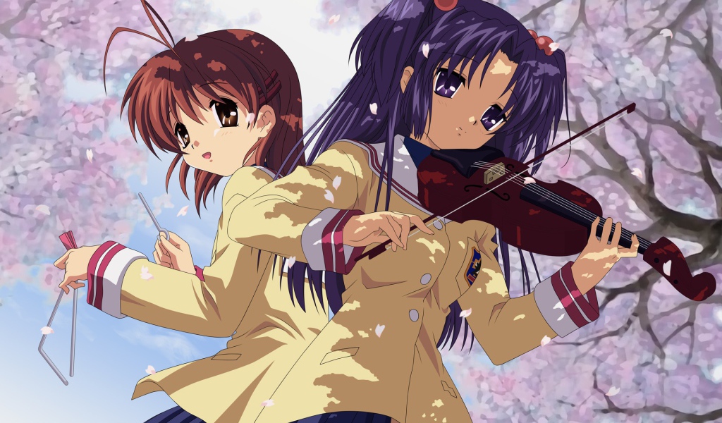 Дуэт играет на музыкальных инструментах, аниме Кланнад