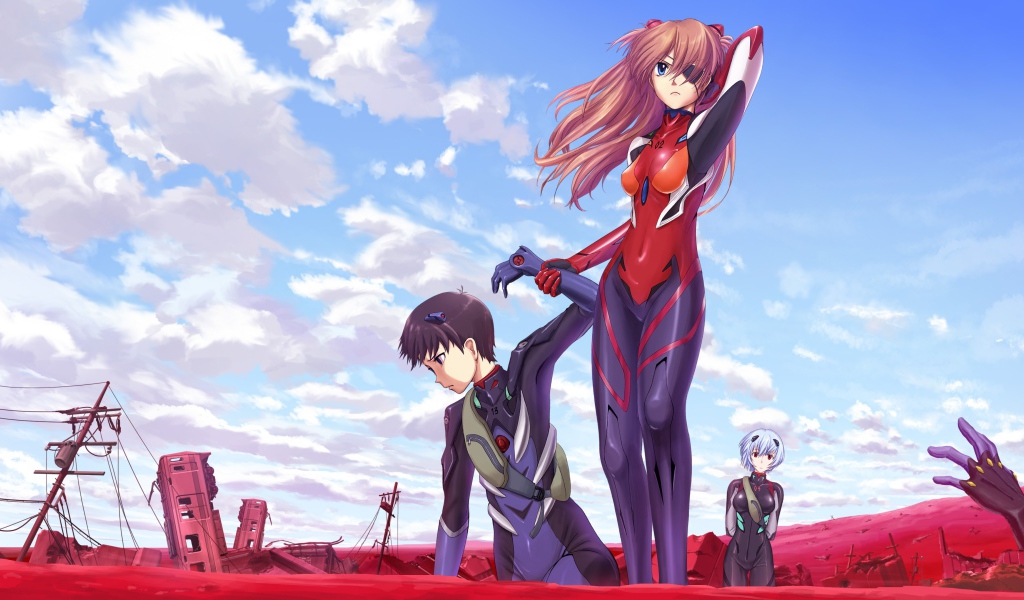 Девушка помогает парню встать на ноги, аниме