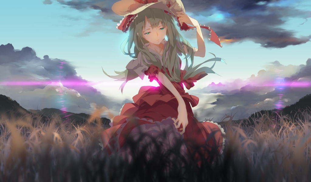 Девушка в шляпе идет по полю, аниме Kagiyama Hina