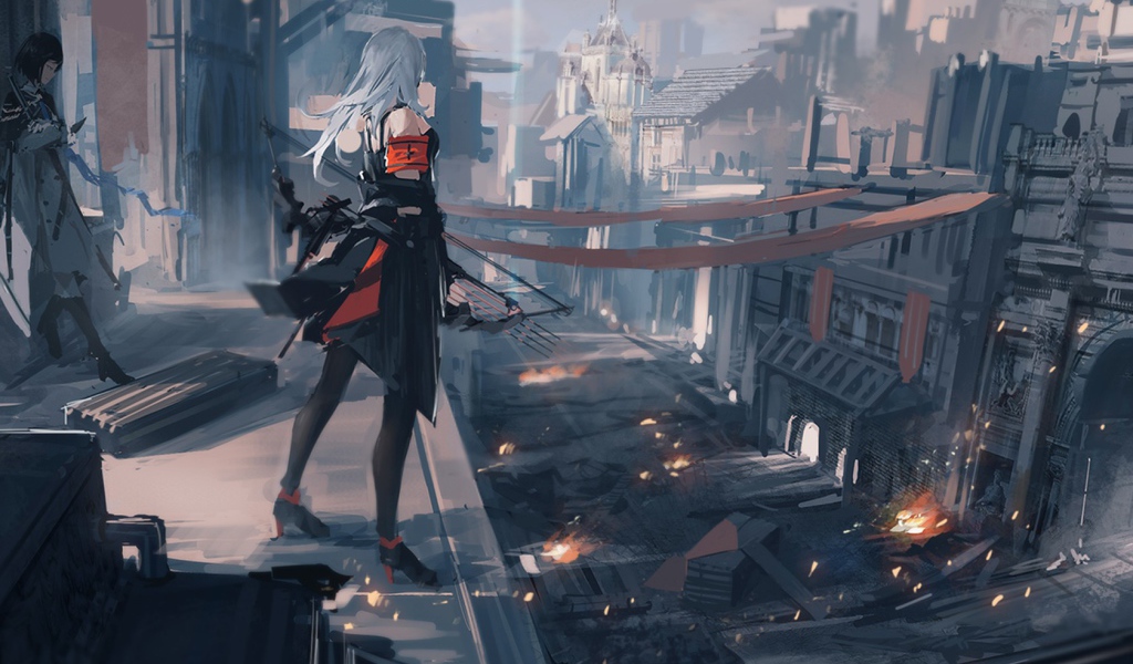 Девушка смотрит на город с высоты, аниме Pixiv Fantasia T