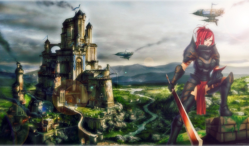 Девушка на фоне замка в аниме Сказка о хвосте феи