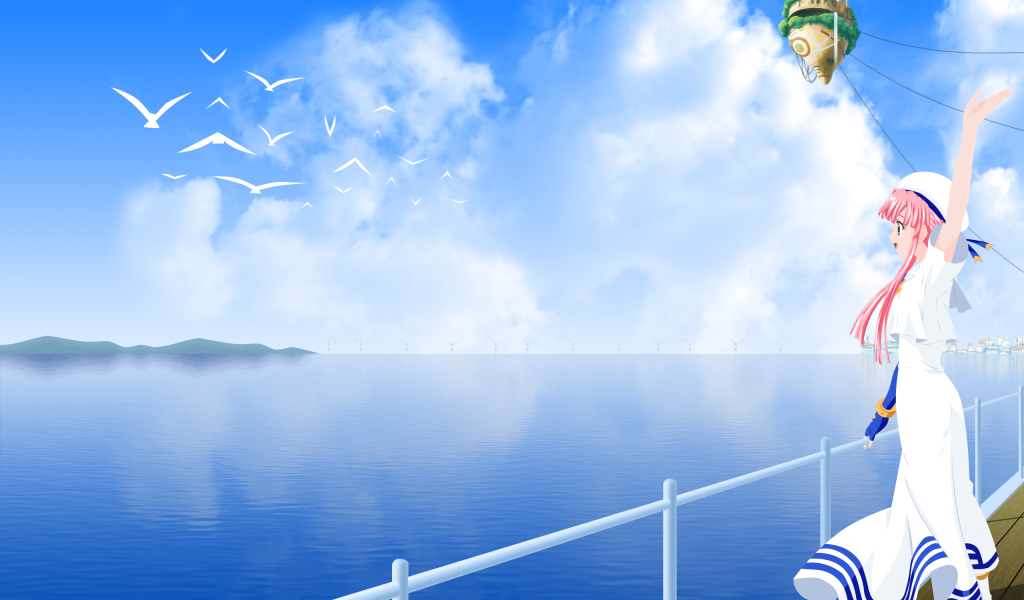 Девушка на берегу моря в аниме Ария