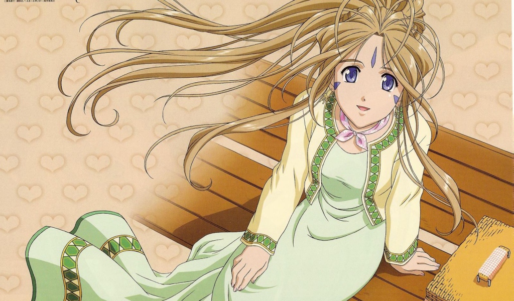 Девушка на скамье в аниме Belldandy