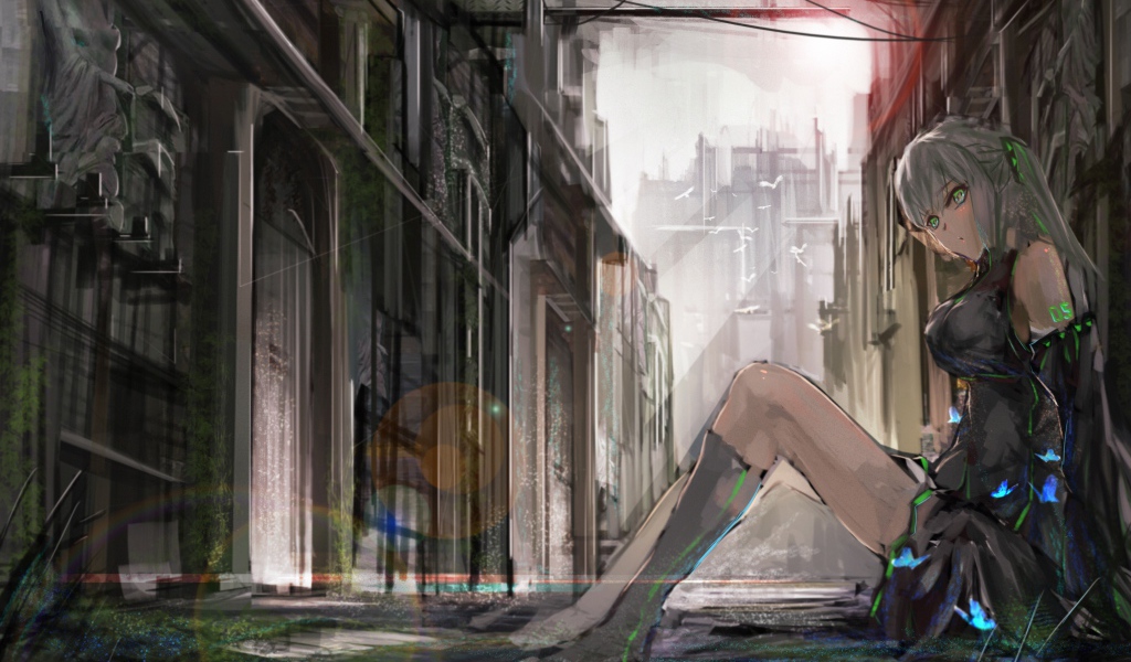 Зеленоглазый Вокалоид сидит у стены на улице