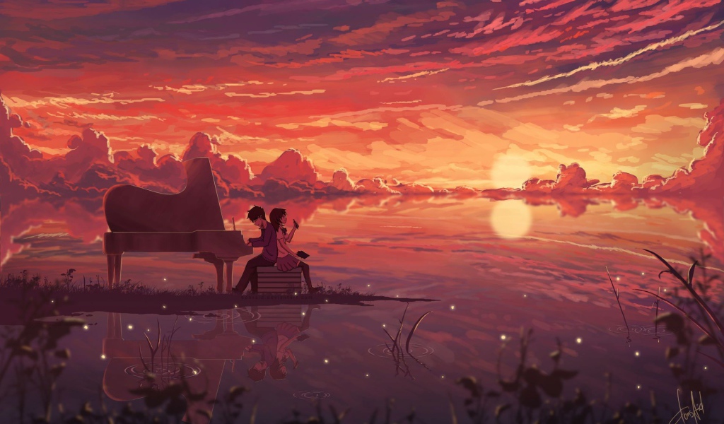 Парень играет на рояле для девушки, аниме