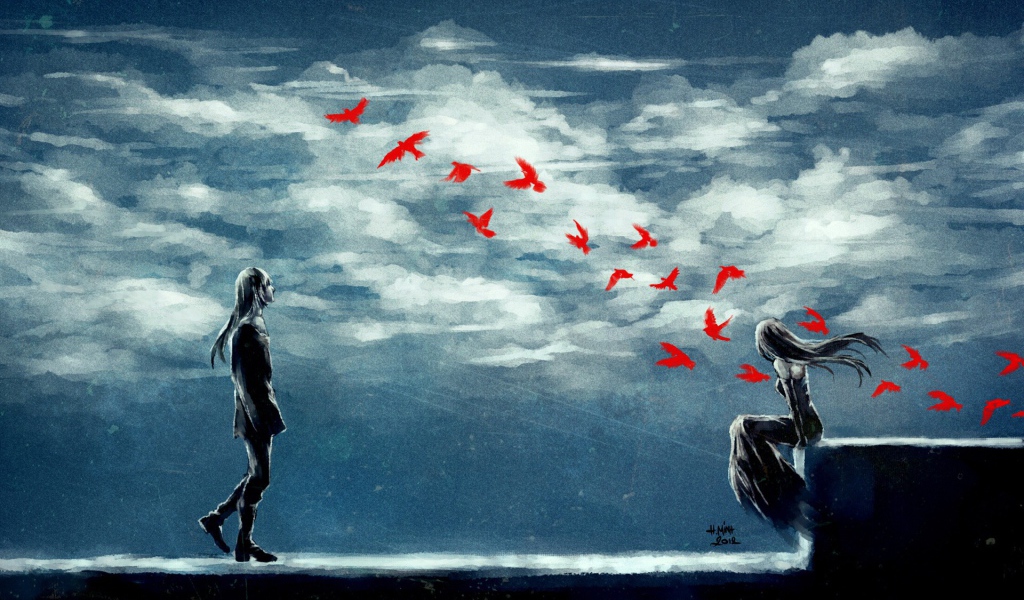 Двое смотрят на стаю красных птиц, аниме