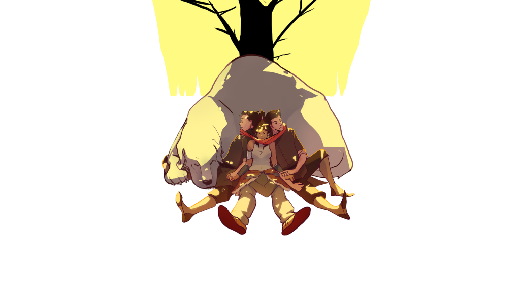 Три персонажа аниме Легенда о Корре спят у бока животного