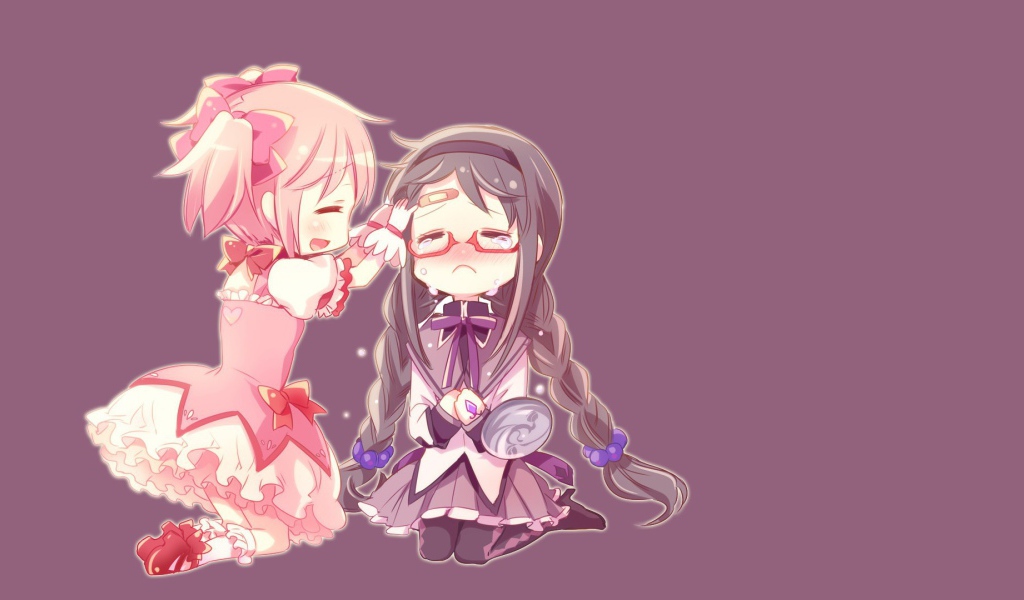 Две девочки на фиолетовом фоне, аниме Девочка-волшебница Мадока