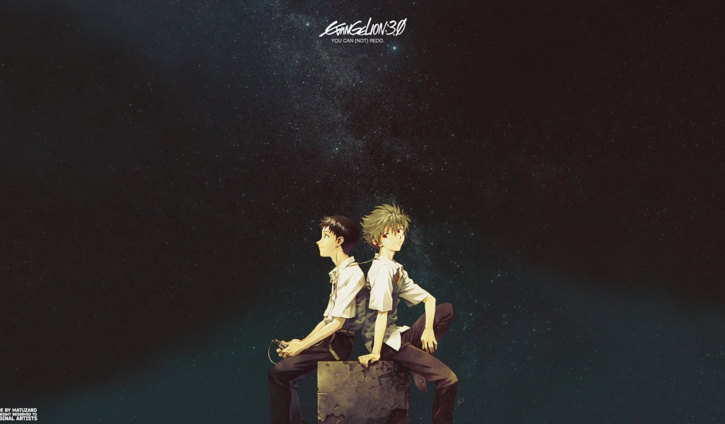 Два парня сидят на камне и слушают музыку, аниме