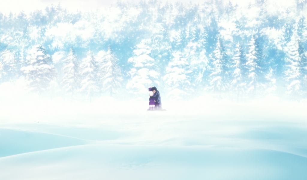 Зимний лес в горах, аниме Ночь прибытия