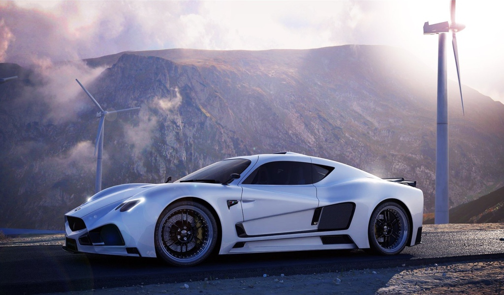 Авто Mazzanti Evantra V8 на фоне ветряков