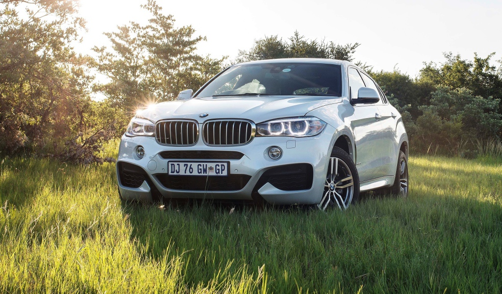 Белый BMW в поле за городом