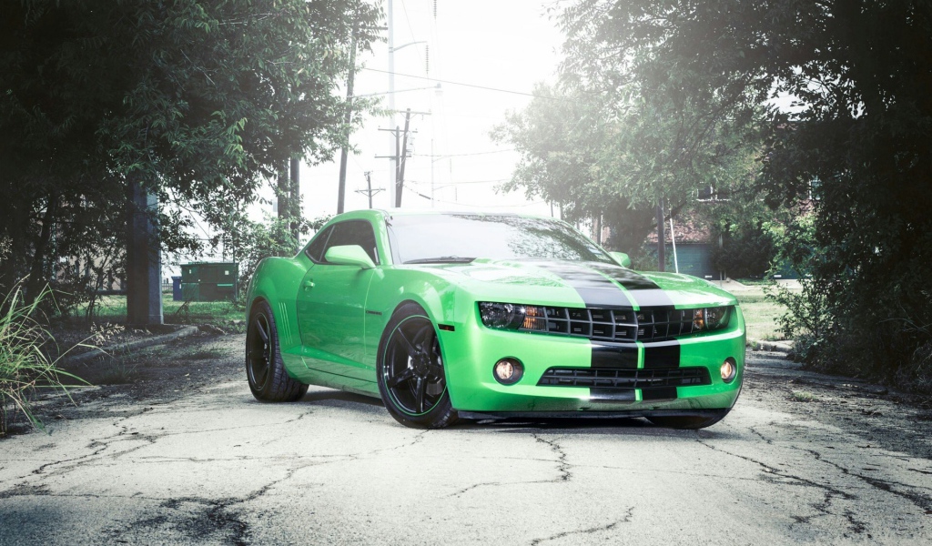 Зеленый Chevrolet Camaro на сером асфальте