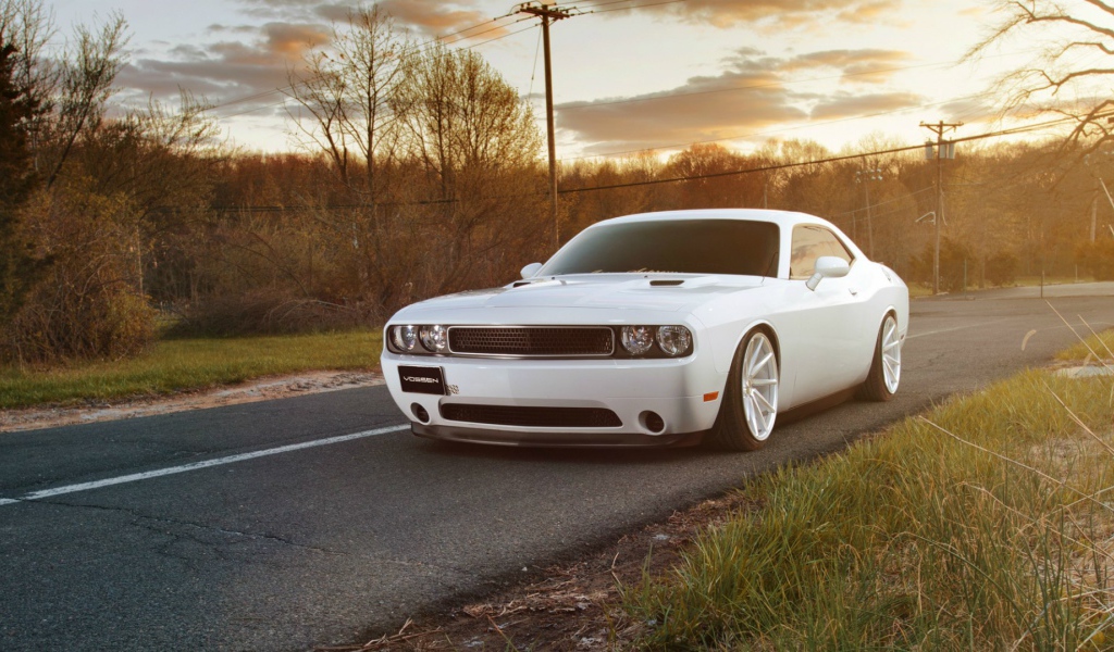 Белый Dodge Challenger на дороге