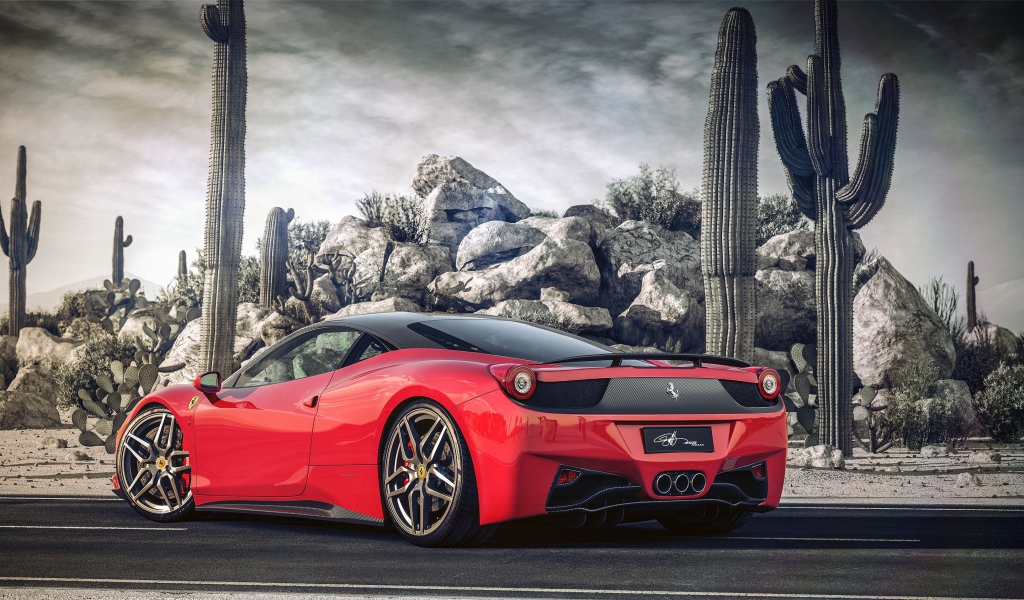 Красный Ferrari у горы из камней