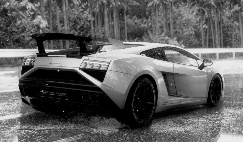 Черно белое фото Ламборгини под дождем