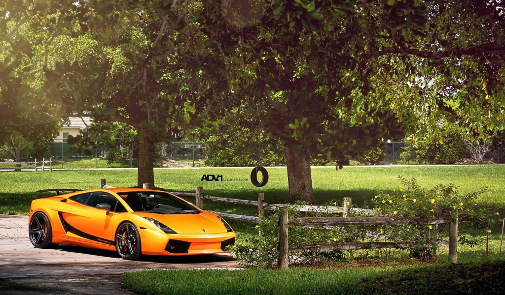 Оранжевый Lamborghini у фермерского забора