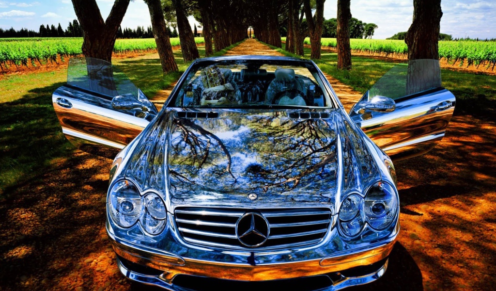 Блестящий спортивный Мерседес на аллее