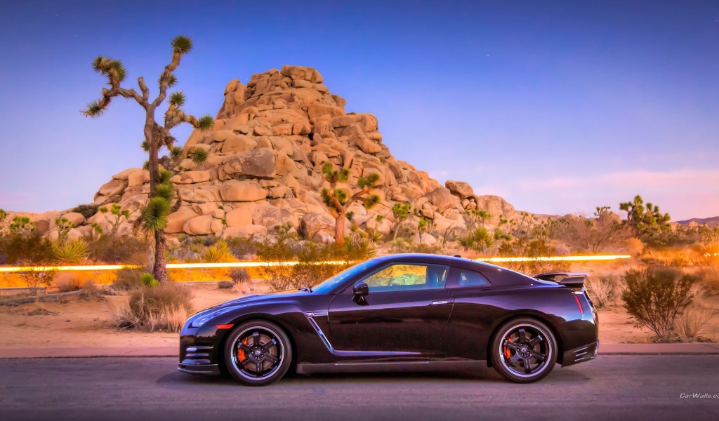 Автомобиль Nissan GT-R на фоне скалы