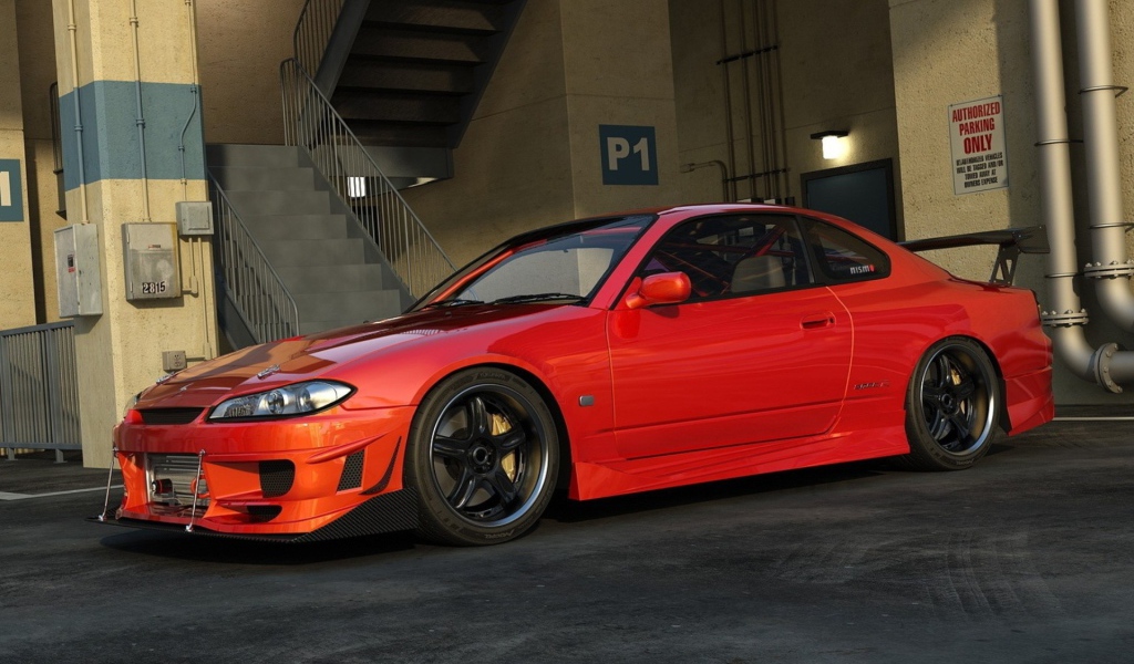 Красный Nissan Silvia S15 у гаража