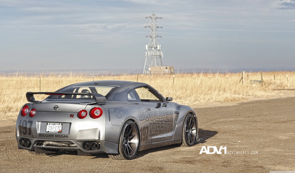 Серебристый спортивный Nissan GT-R на фоне поля