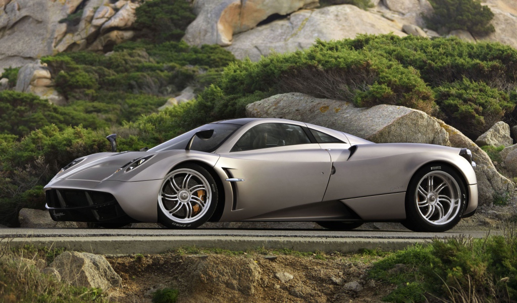 Серый Pagani на фоне камней