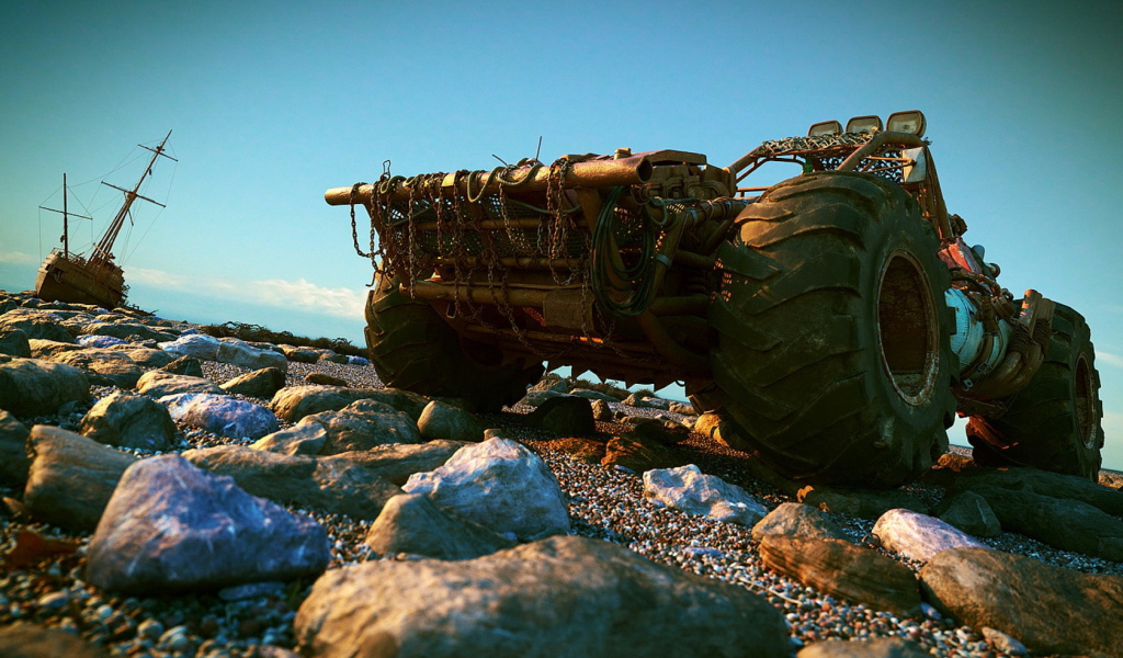 Вездеход на каменистом берегу