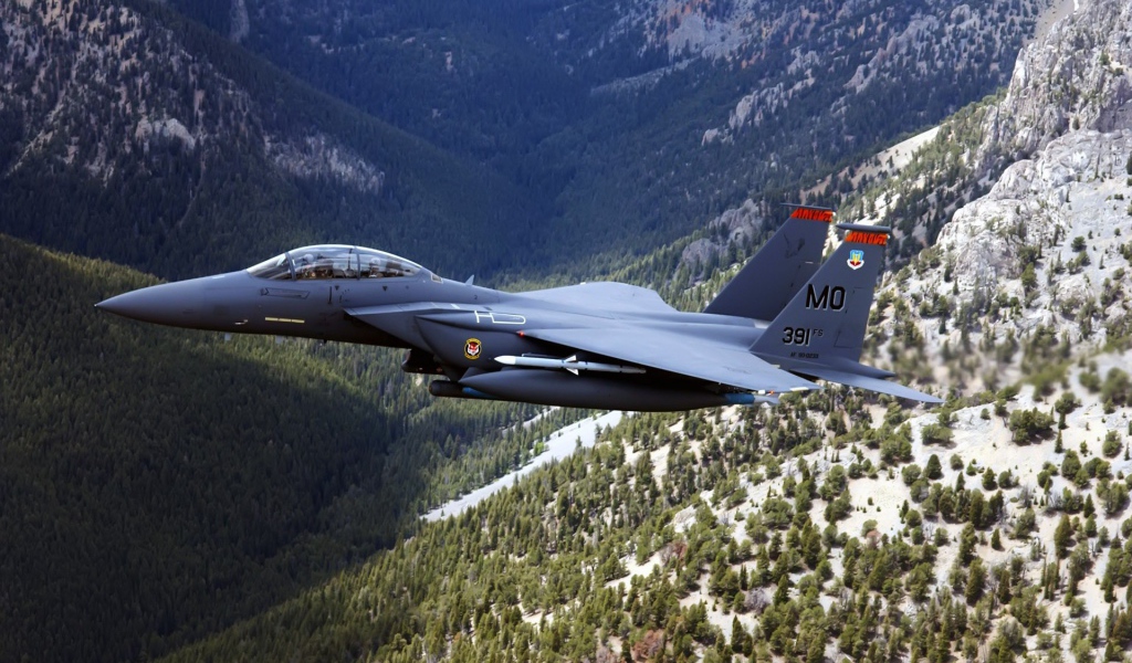 Истребитель F-15 Eagle над горным лесом