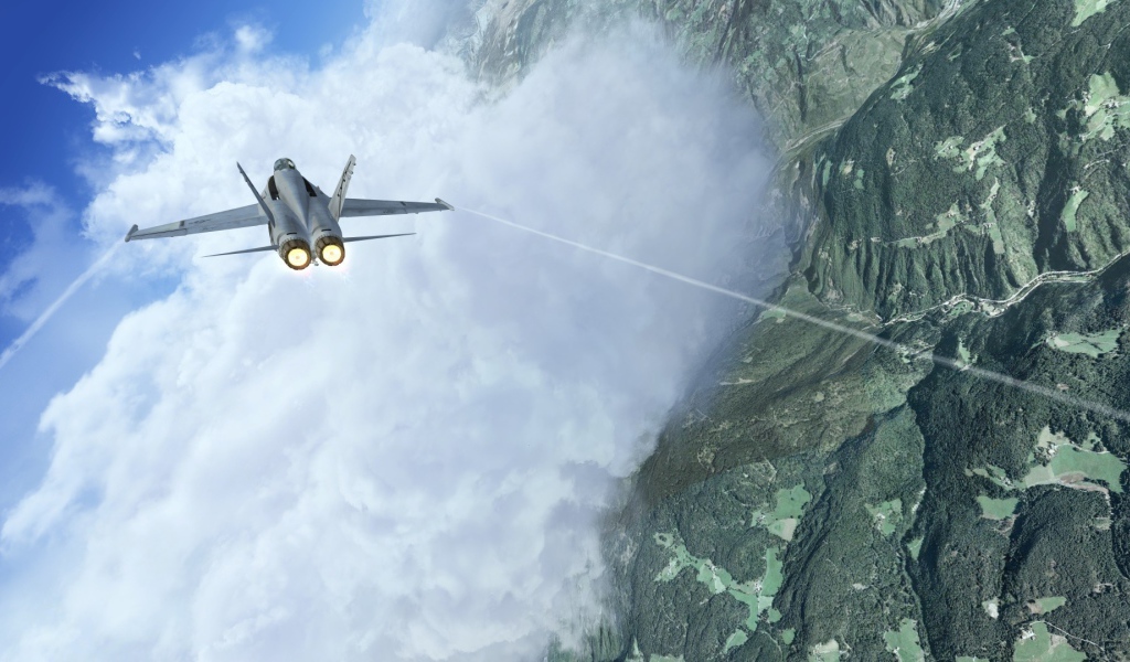 Истребитель летит сквозь облако в горах