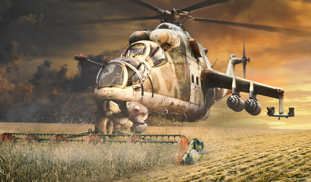 Вертолет МИ-24 на поле