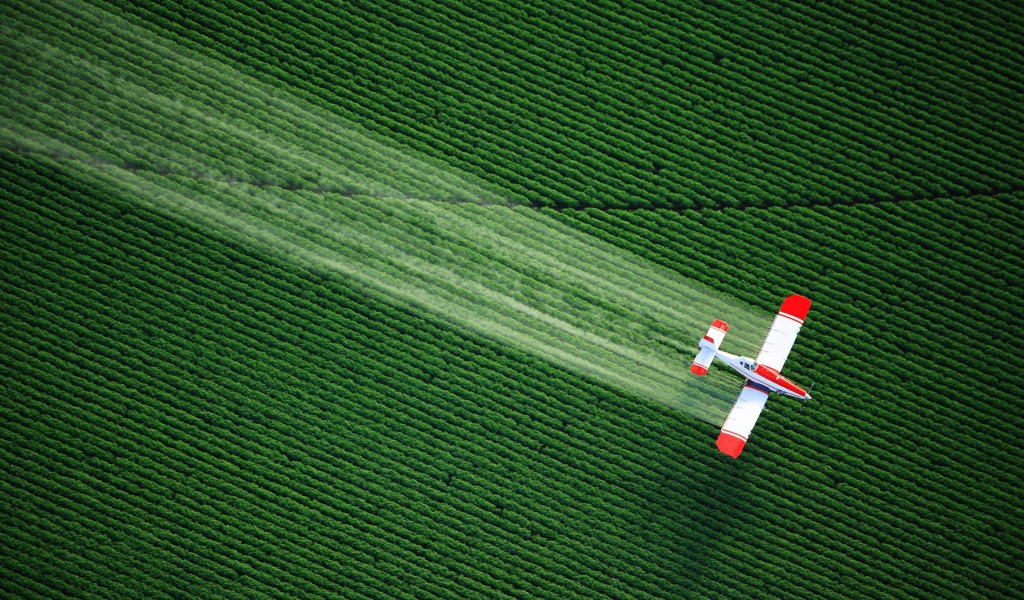 Самолет распыляет удобрения над полем