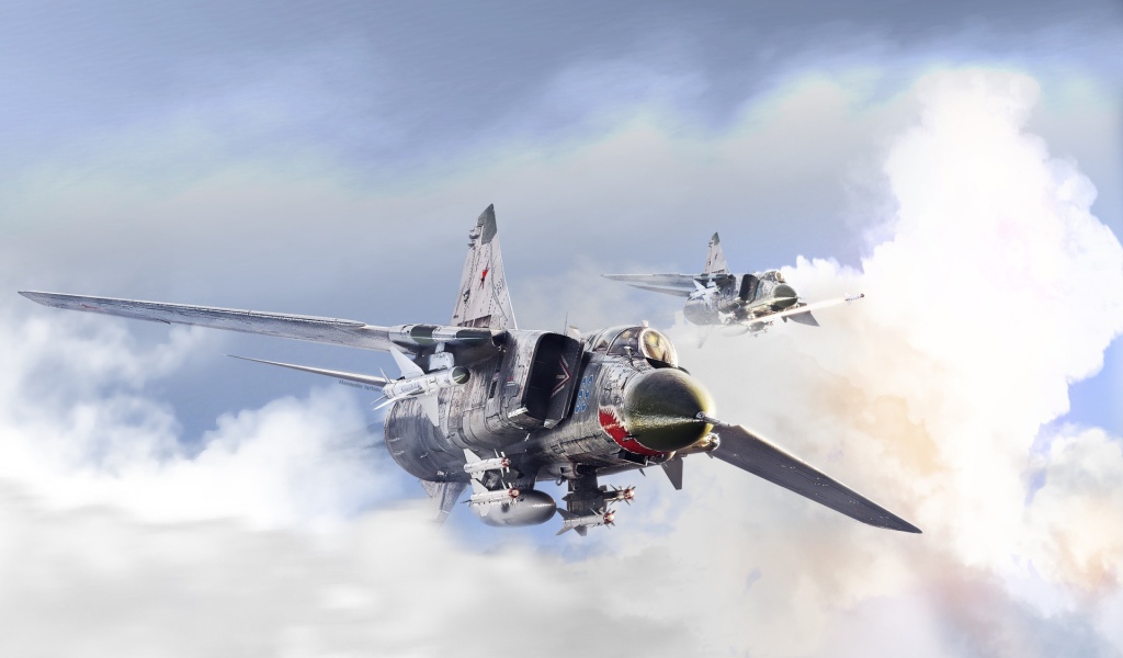 Два истребителя Миг-23 в облаках