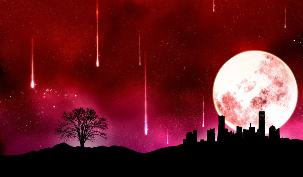 Огромная луна и падающие звезды, красный фон