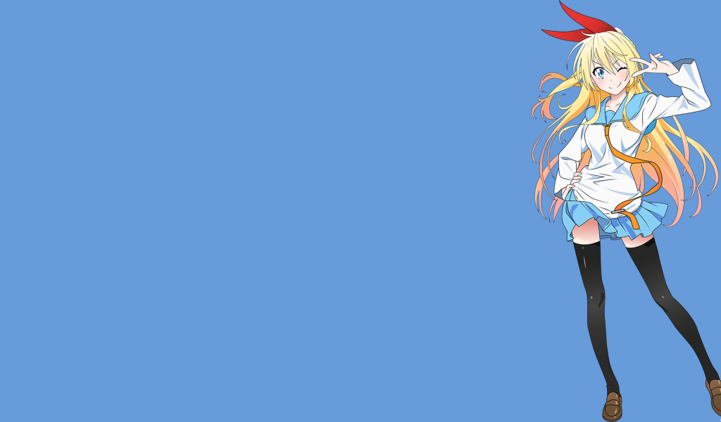 Аниме девушка подмигивает, голубой фон